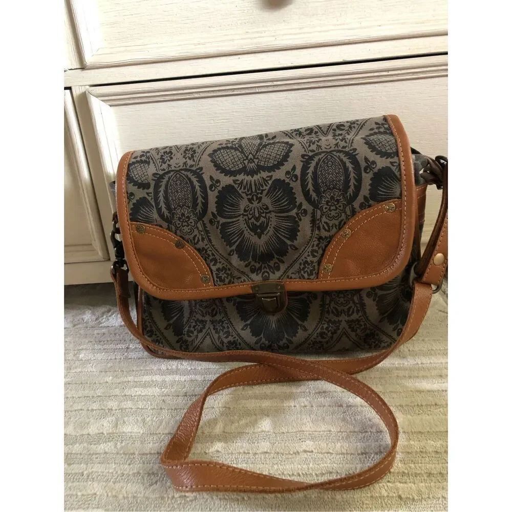 Myra Bag Floral Canvas Leather Crossbody Shoulder Bag Boho